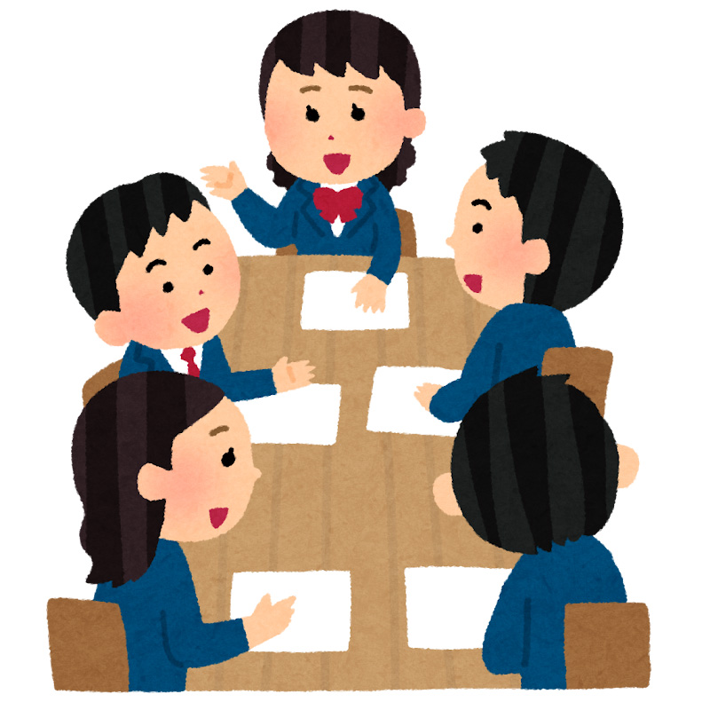 話し合いをする男女の学生たちのイラスト